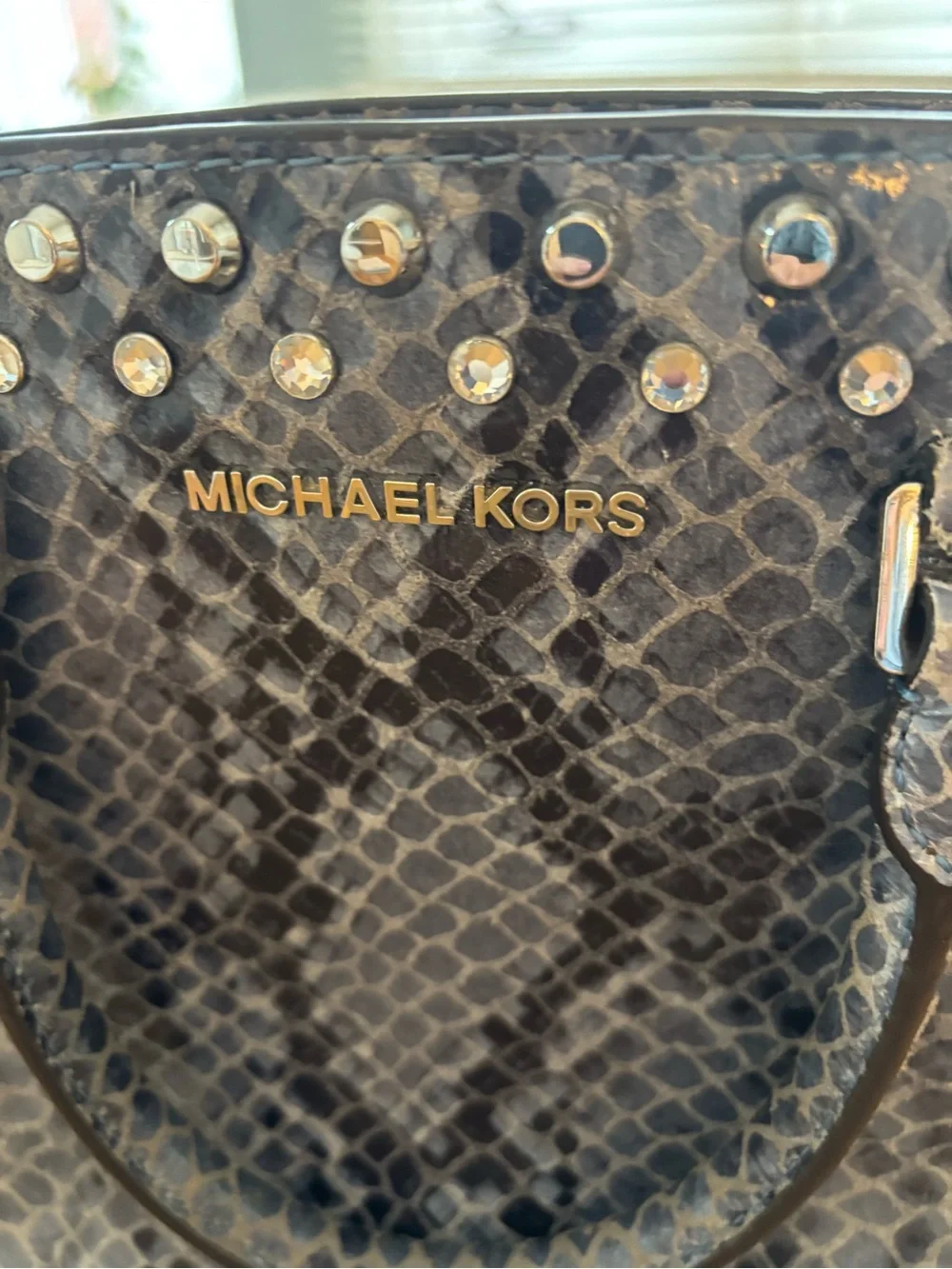 Michael Kors Snake-Embossed Jeweled Studded “Selma” Bag in Gray